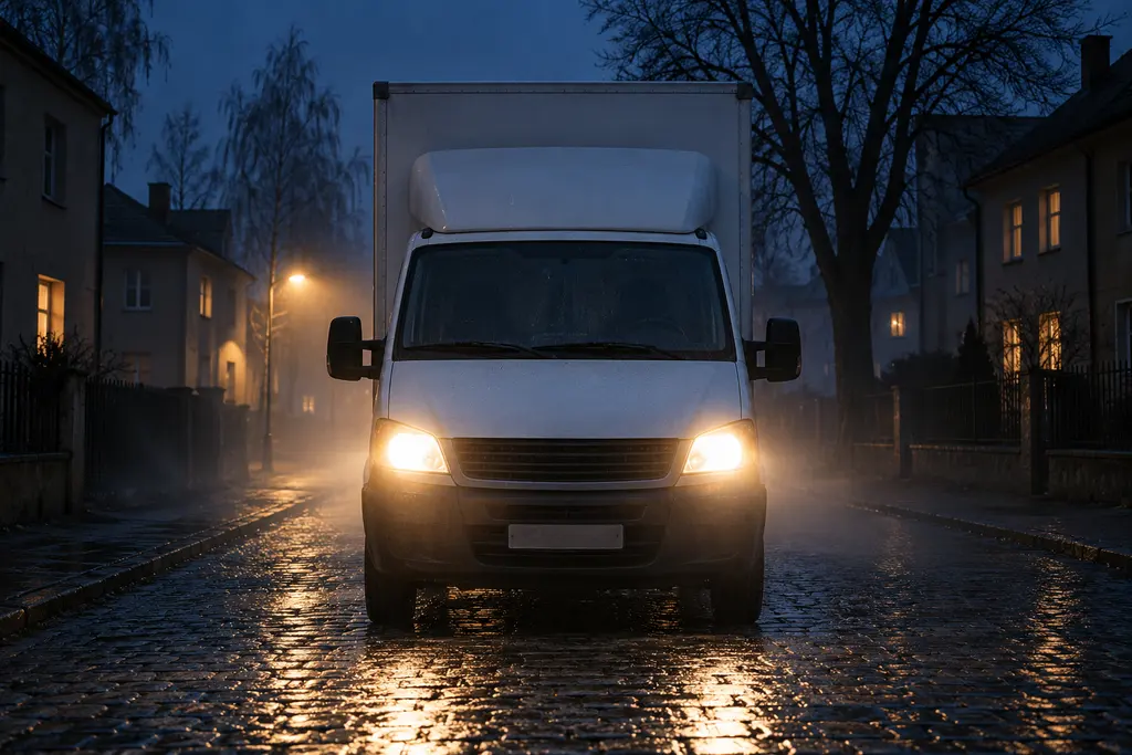 A white moving van with its headlights on, standing on a wet cobbled street of a small Polish town at night