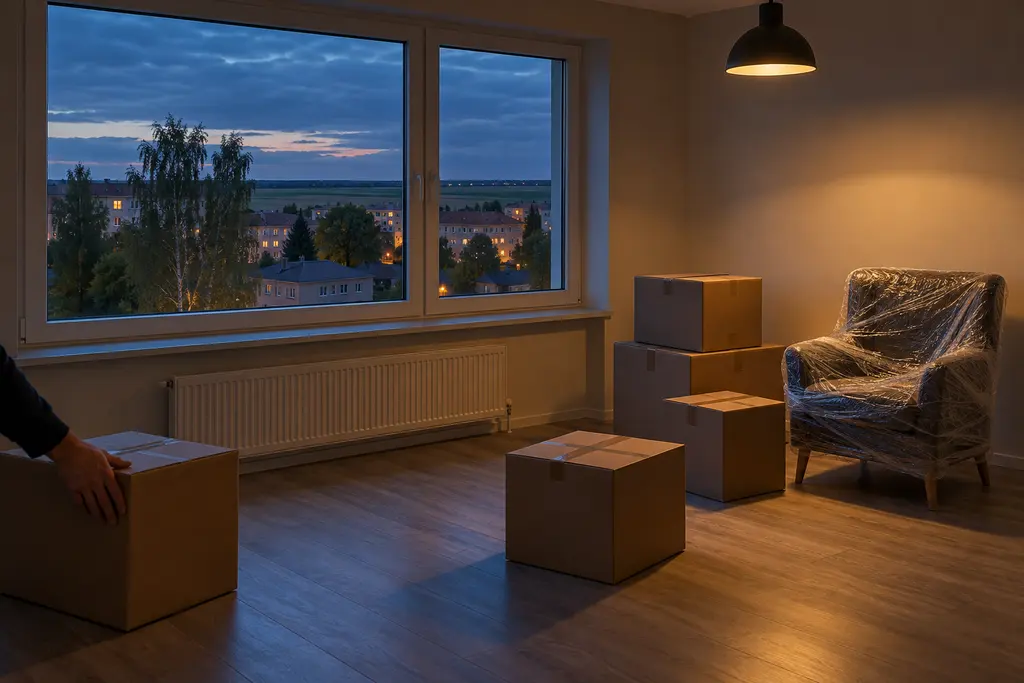 Moving boxes set down in an empty room of a new flat